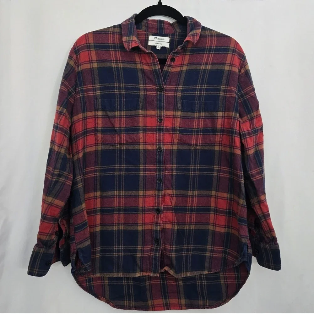 Madewell Oversized Ex-Boyfriend Flannel Shirt Plaid Red Navy Button Down Women S - Picture 9 of 10